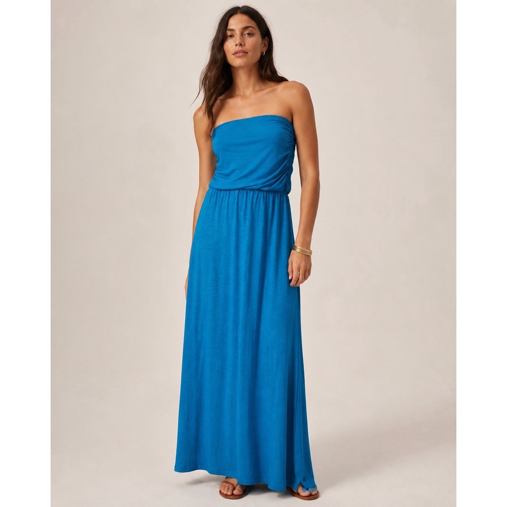 J. Jill Blue Strapless Maxi Dress Slub Knit Ruched‎ Tall Large